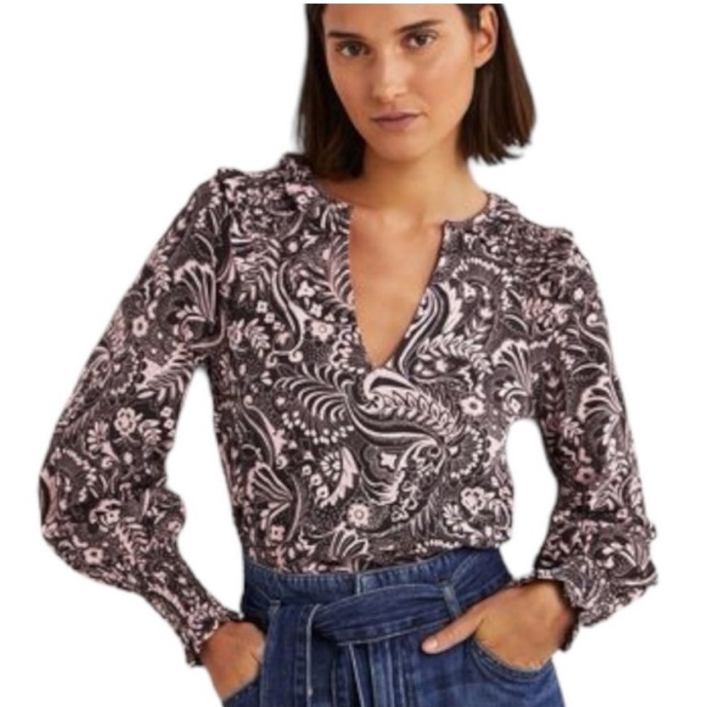 Boden Paisley Smocked Frill Long Sleeve Black and Pink Floral Blouse sz 2